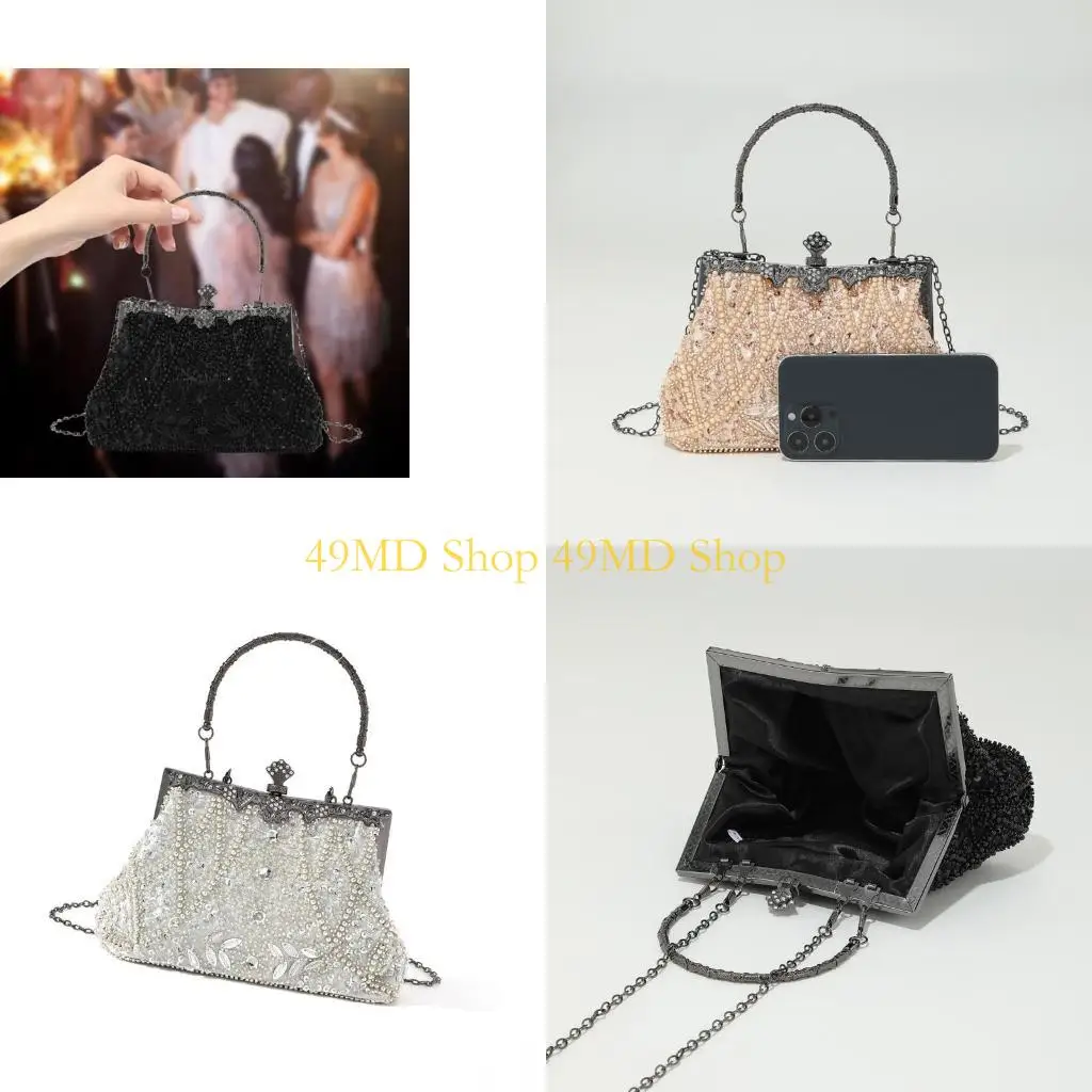 

49MD Fashion Evening Clutch With Sparkling Beads And Metal Chain Strap Handbag Crossbody Bag For Cocktail Parties And Event