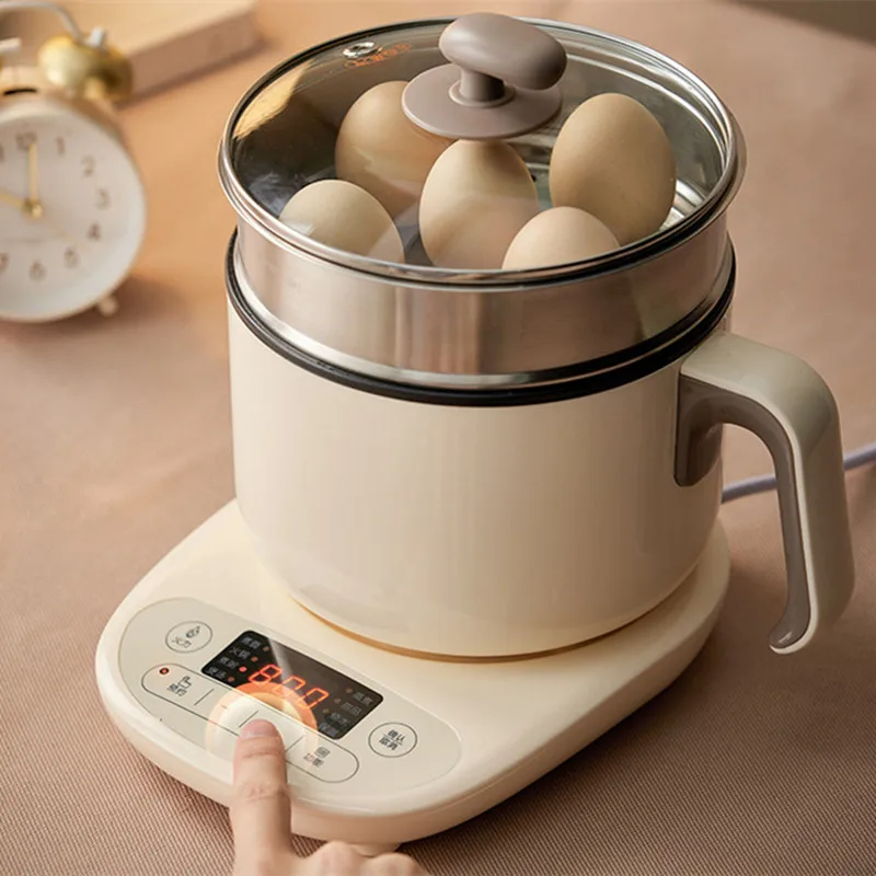 

220V Mini Steaming Cooking Pot Machine Portable Rice Cooker Non-stick Frying Pan 1.2L With Stainless Steel Steamer