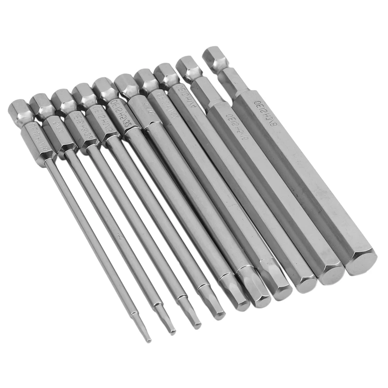 PWS 10Pcs S2 Steel Inch Magnetic Hexagon 100Mm Hex Driver Bit Set Manual Tool Screwdriver Bit