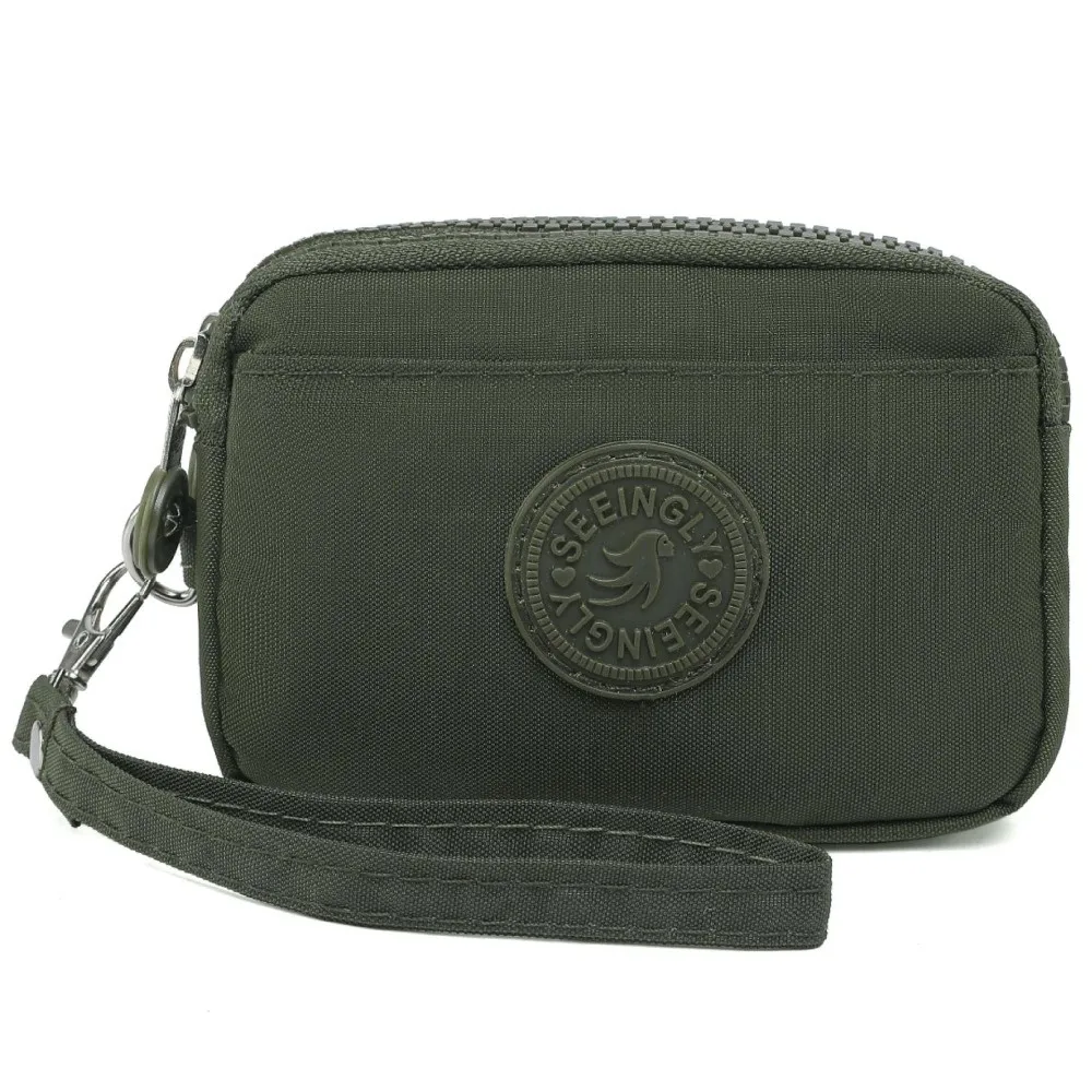 Dompet Wanita Warna Solid Portabel dengan Tali Penyandang Tempat Kartu Kredit Lapisan Ganda Dompet Koin Nilon Tahan Air Wanita