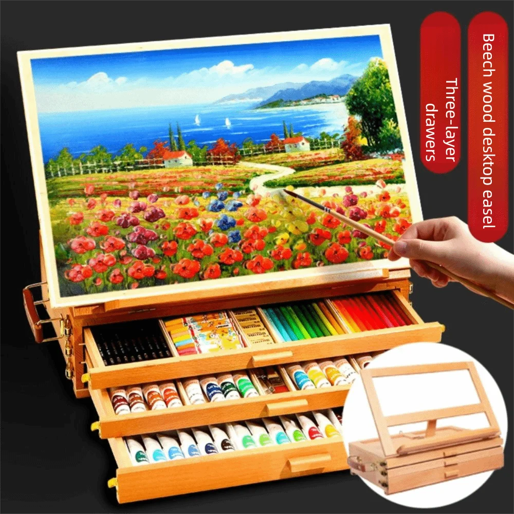 Adjustable Beech Wooden Table Easel Multifunction Oil Paint Art Painting Easel Box Folding Professional Sketch Drawer Box