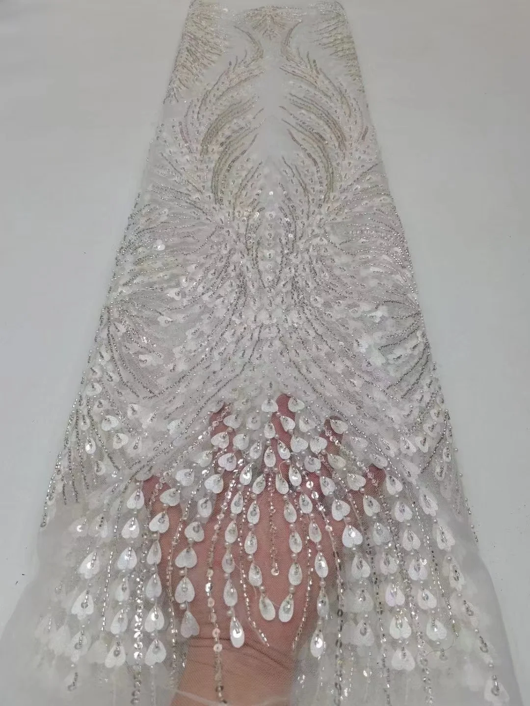 

White French Net Beaded Lace Fabric 2024 High Quality African Mesh Lace Fabric With Sequins Beads Embroidery Fabric For Wedding