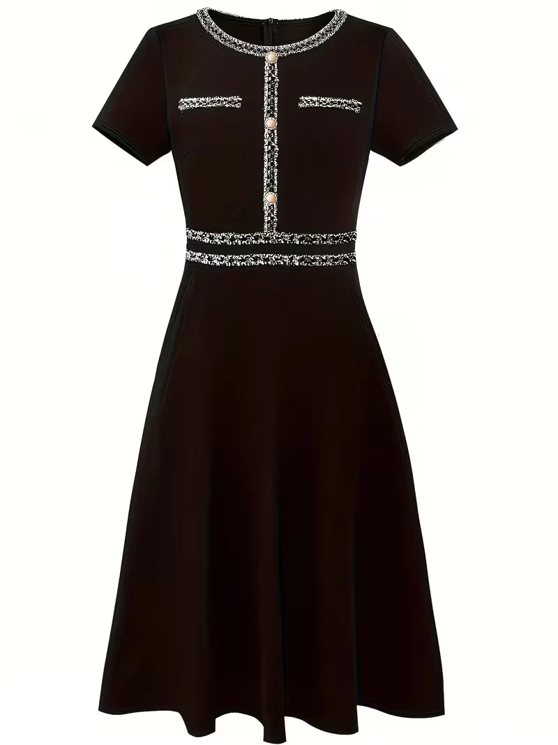 Elegantes Damenkleid für den Sommer mit Rundhalsausschnitt, Kontrastfarben, Kurzen Ärmeln, Perlenknöpfen, Schwarz, Business-Party, Knielang, A-Linie – Detail 6
