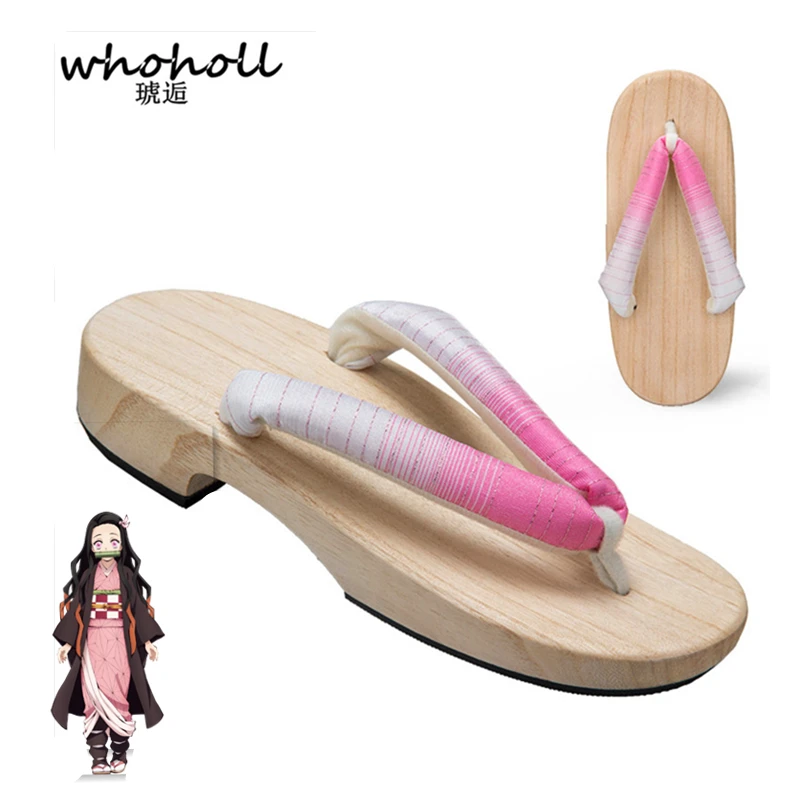 WHOHOLL Anime Demon Slayer Cosplay Costumes Kamado Nezuko Geta Slippers Japanese Wooden Clogs for Women Kimono Flip-flops Shoes