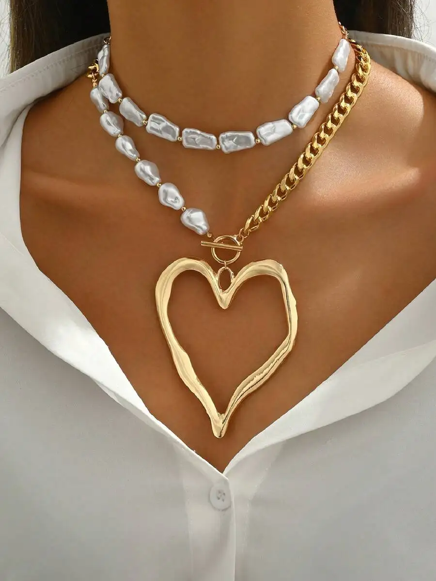 Juego de 2 collares de perlas sintéticas asimétricas con forma de corazón de metal exagerado vintage, regalo de joyería de moda para mujeres, Día de la Madre