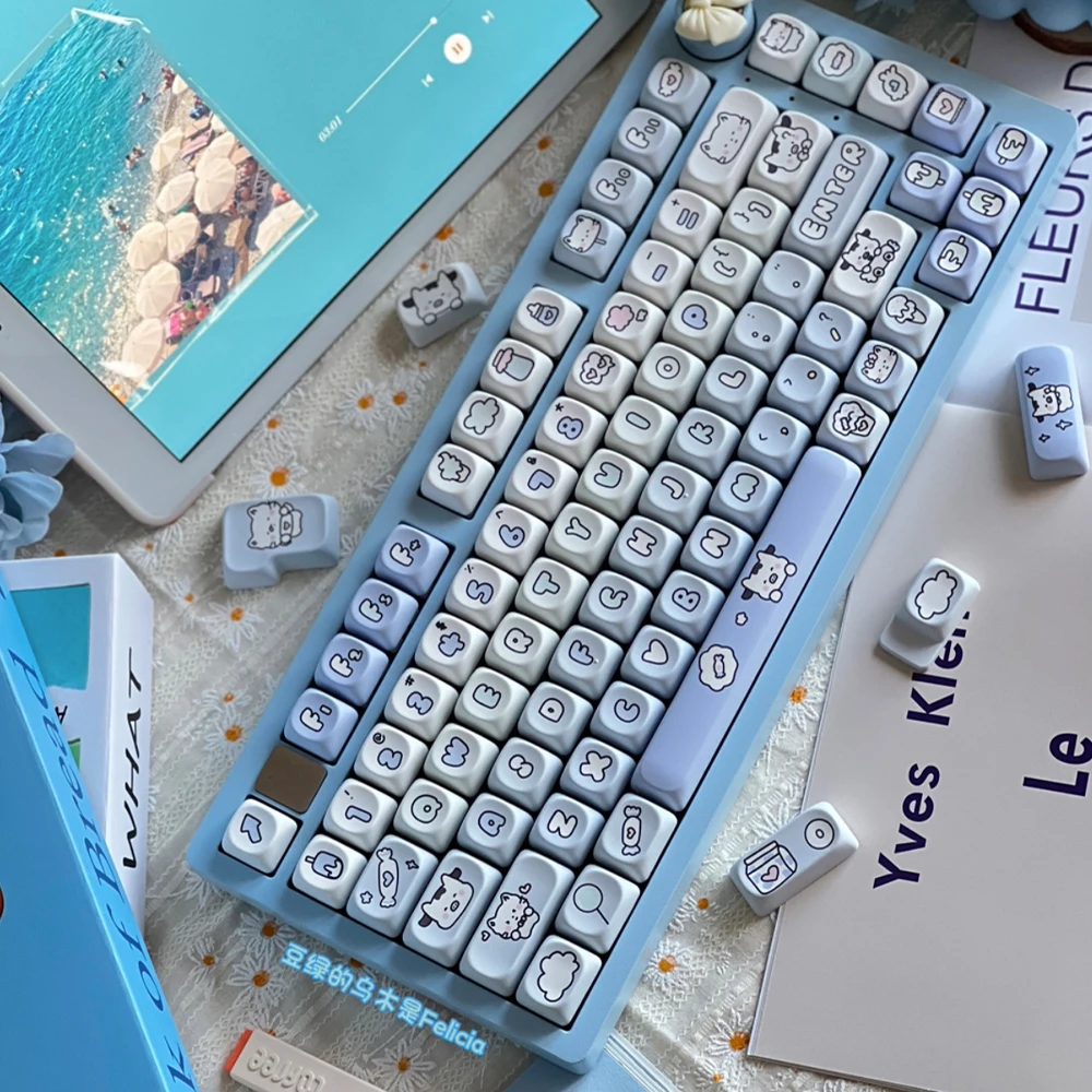 Imagem -05 - Teclado Mecânico Bonito dos Desenhos Animados Redondos Vaca Sobremesa Loja Moa Então Pbt 139 Chaves Chuva 75 87 108 Faça Você Mesmo Luz Azul Keycaps