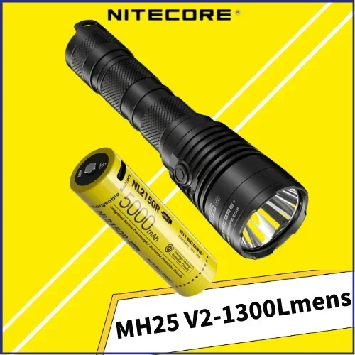 NITECORE MH25 V2 LED Flashlight 1300Lumens USB-C Rechargeable, Tail Stand With NL2150 5000mAh Battery Tactical Troch Light