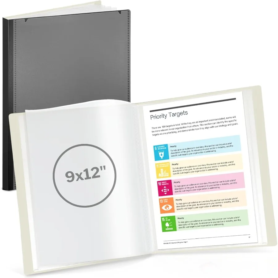 كتاب عرض 9 × 12 باللون الأسود مع مجلد 24 جيب وأكمام بلاستيكية شفافة لعرض 48 صفحة من 9 × 12 أو مستندات A4