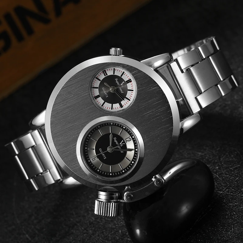 V6 Men's Double Dial Steel Watch - Silver - close-up view
