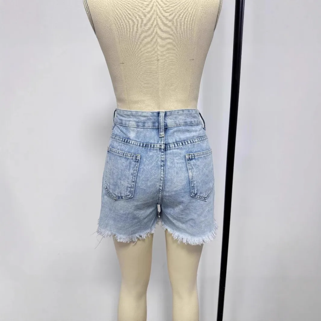 Women's High Waist Ripped Washed Cotton Capri Fringe Denim Shorts Blue Casual Straight Leg Jorts for Women with Distressed view 4