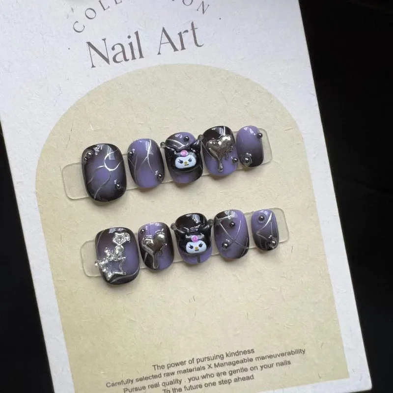 Full Cover False Nails Press on Nails Fake Nails Diy Pure Handmade Removable Diamond Short Purple Dark Cartoon Elf