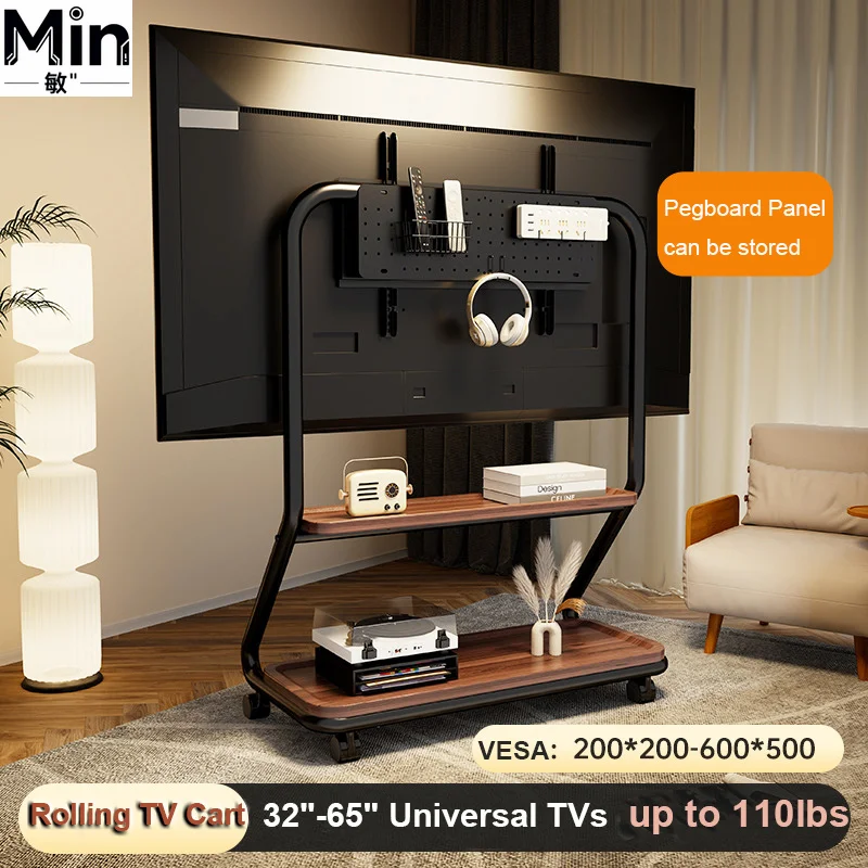 Mobile Rolling TV Stand for 32 to 65 Inch Flat Curved Screen TVs Mute Wheels Support Up to 110lbs Max VESA 600x400mm Floor