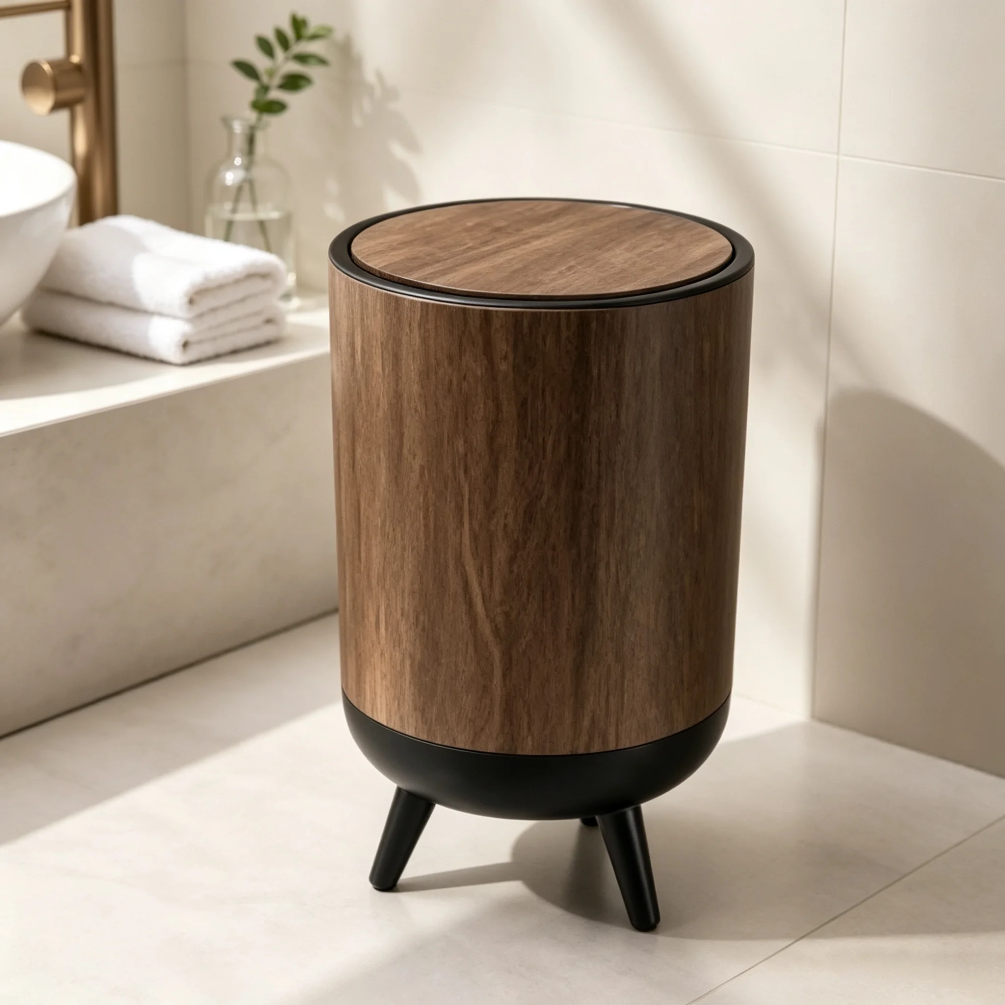 Mid‑Century Modern Wood‑Look Trash Can, Round Flip‑Top Lidded Plastic Waste Bin with Raised Legs, Aesthetic Decorative Garbage Bucket for Home Decor