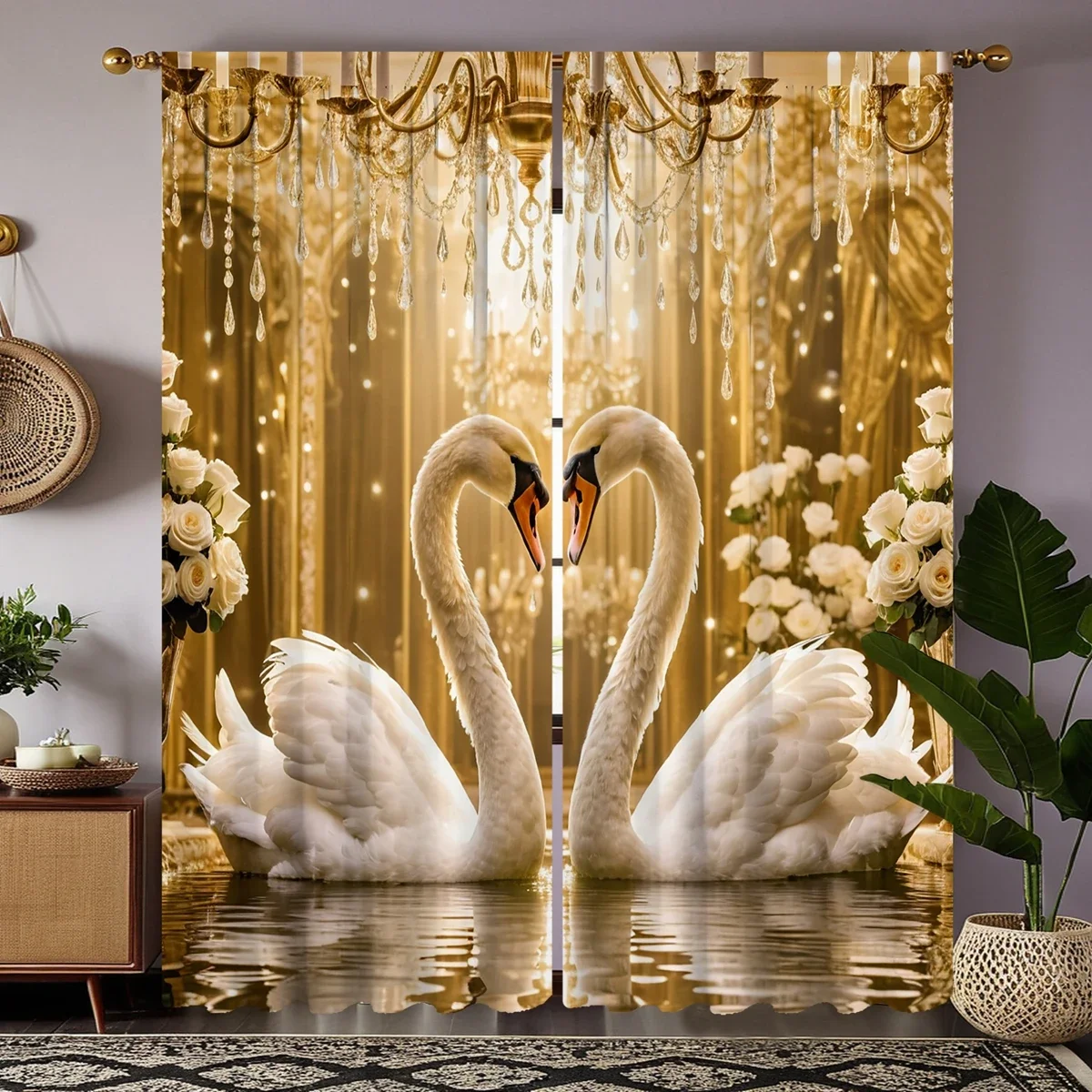 2-piece HD digital yellow curtain under the light Swan of Love home decoration style decoration living room bedroom through rod