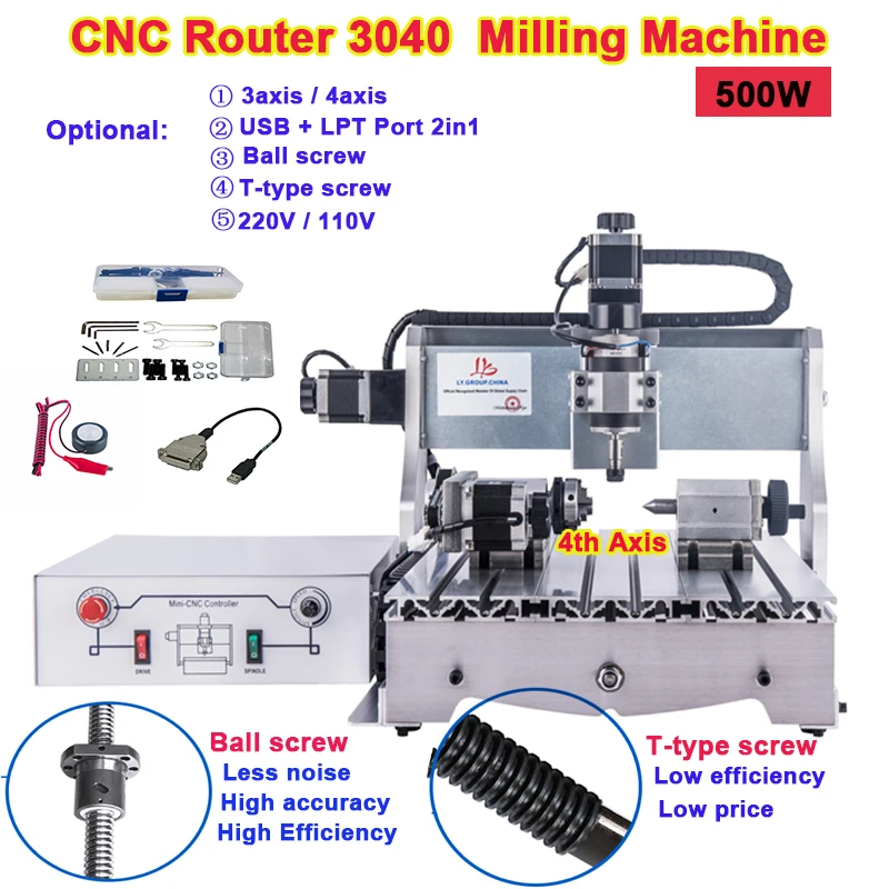 500W Economical Practical  LY CNC Router 3040 Mach3 LPTand USB 2in1 Engraving Machine 3Axis/4 Axis PCB Milling Cutter Z/T Screw