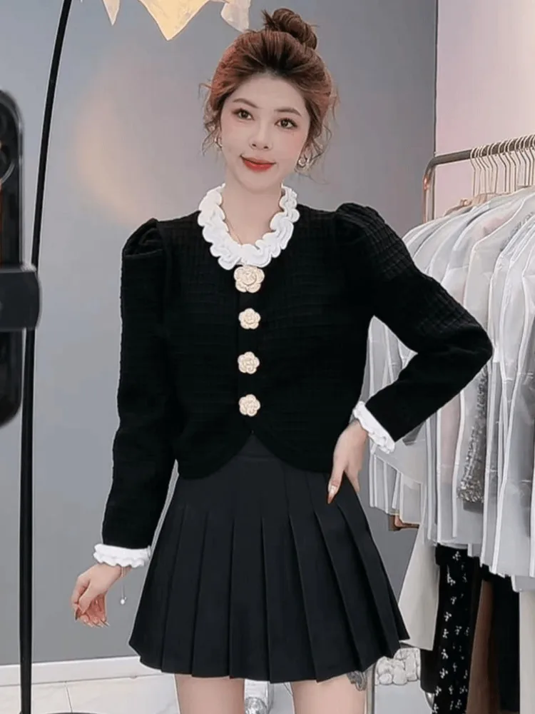 Cárdigan de punto con manga de burbuja para mujer, suéter con botones de flores, abrigos cortos de punto elegantes de Color contrastante, alta calidad, otoño