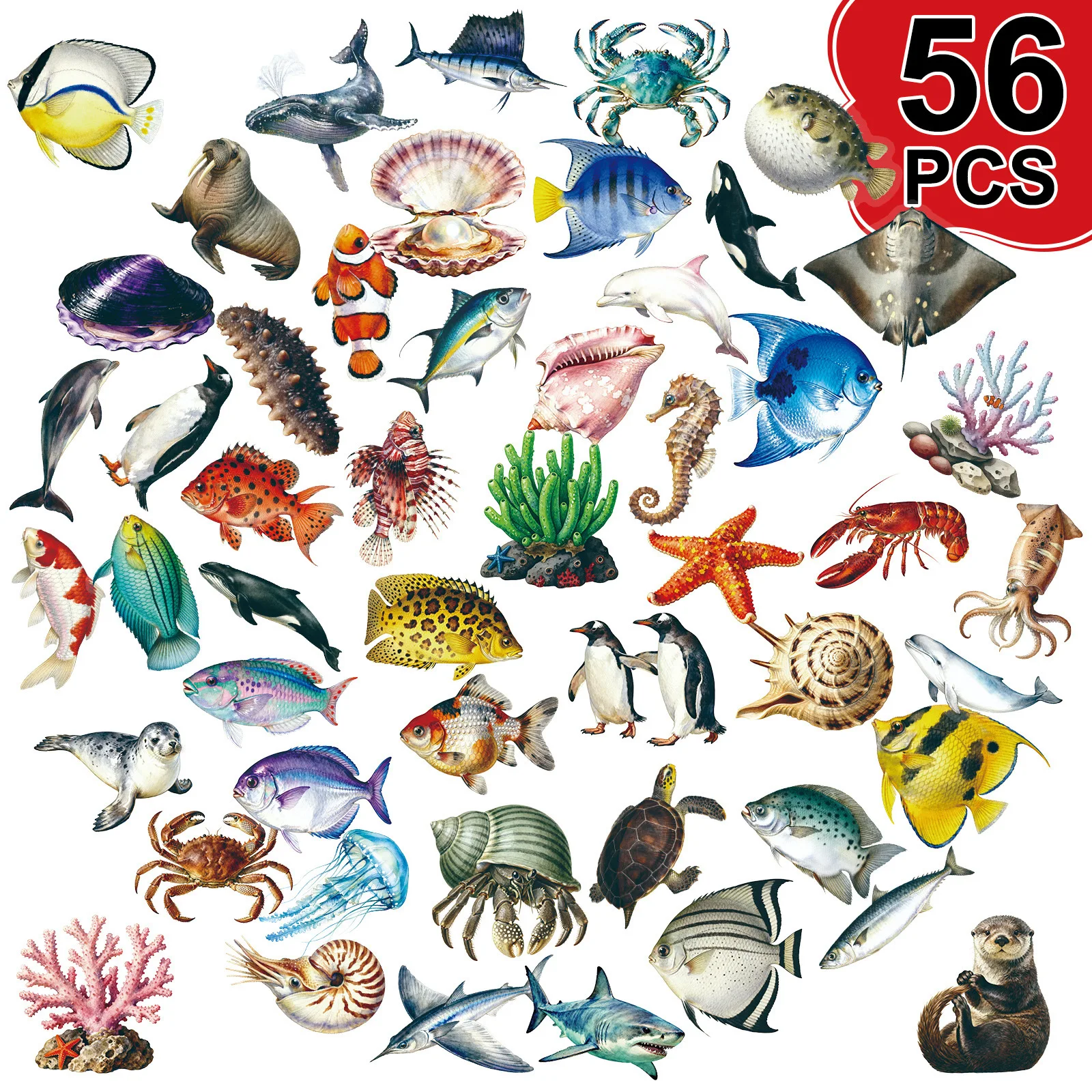 56Pcs Vintage Marine Life Stickers Ocean Animal Decals Waterproof DIY Decor for Laptop Water Bottle Phone Case Notebook