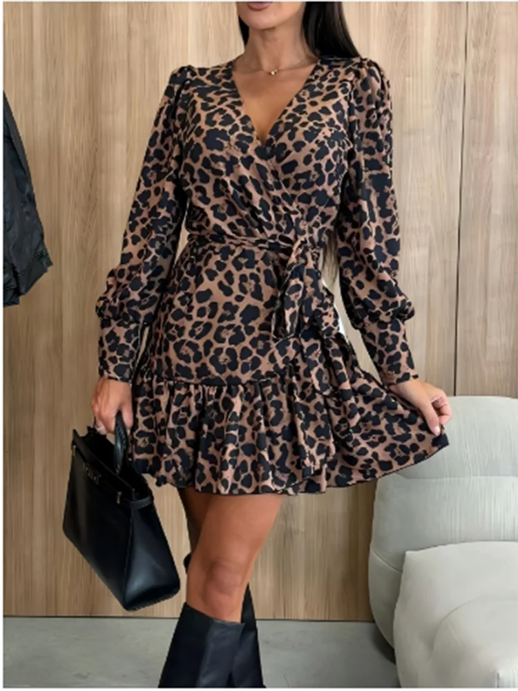 Women's Leopard Printed Dresses V-Neck Lace Up Bubble Long Sleeved Sexy Dress Elegant Dating Autumn Mini Dress