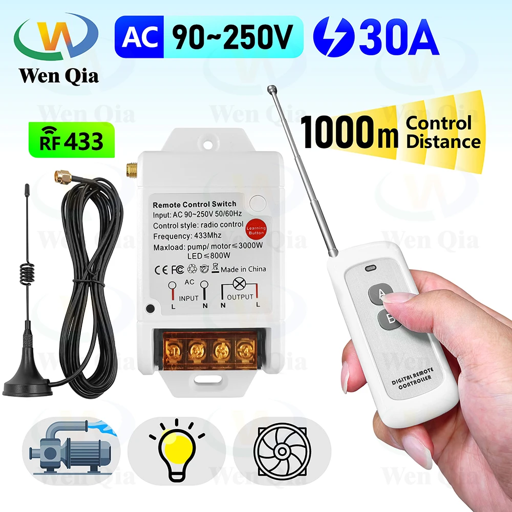 

433Mhz Wireless Pump Remote Control Switch 110V 220V 30A RF Relay Module with External Antenna,1000m Transmitter,for Light/Motor