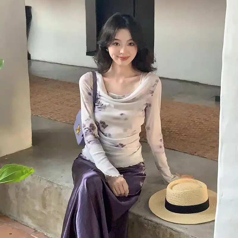 

Floral Print Long Sve Women's Chiffon irt Slim Fit Ne Swinging Commute Sle Spring Summer New Arrival Top