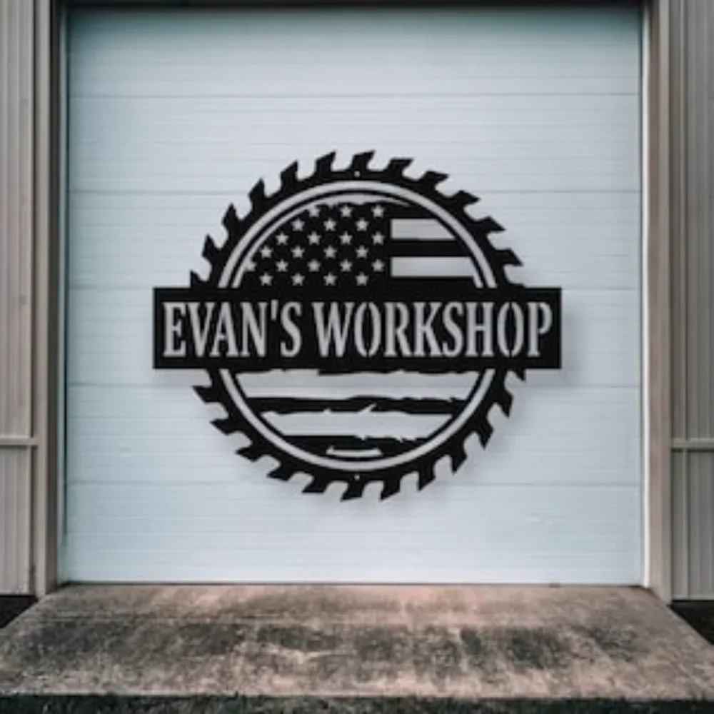 Custom Workshop Sign Metal Shop  Sawblade American Flag Garage Art Room Decoration