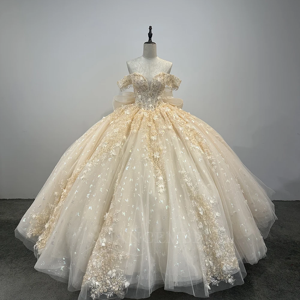 

Блестящие платья Quinceanera для 15 Ans с открытыми плечами, кружевными аппликациями и короткими рукавами, платья принцессы по индивидуальному заказу, платья de 15 quinceañera