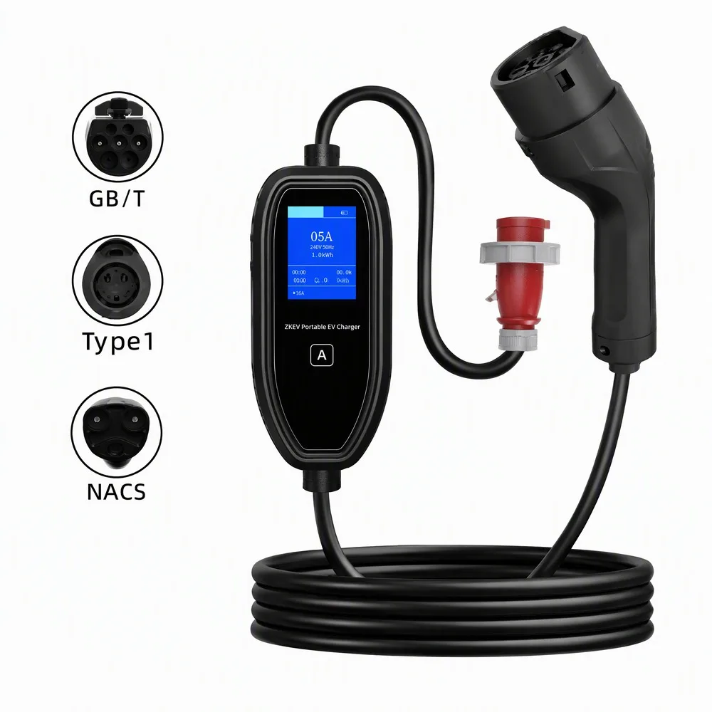 Portable EV Charger 22kW EV Charging Station 8A 16A 32A Current Adjustable IP54 IP66 Type 1 NACS GB/T For Home Travel