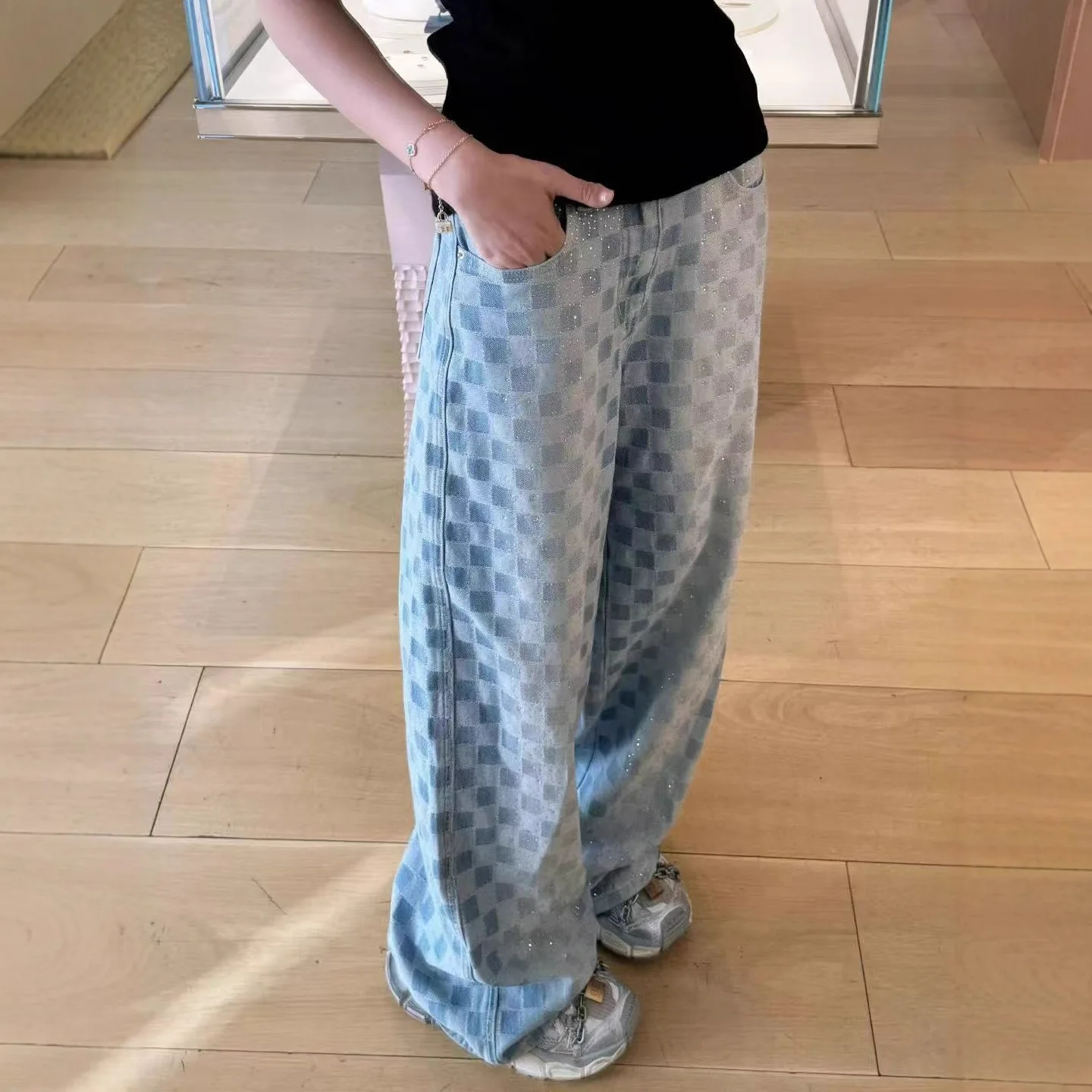 

Washed High Waist Plaid Denim Pants Women's Summer Design Unique Color Block Straight Leg Wide Leg Jeans Autumn Fashion