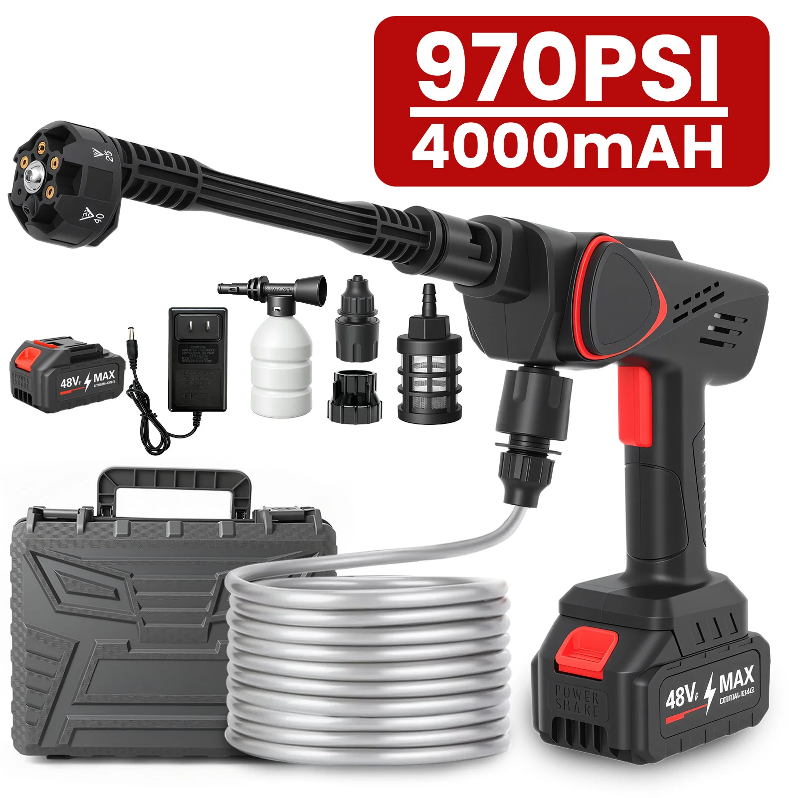 

Портативный беспроводной пистолет для мойки высокого давления 21В, 970PSI, с регулируемой насадкой 6-в-1 и аккумулятором 4.0Ач