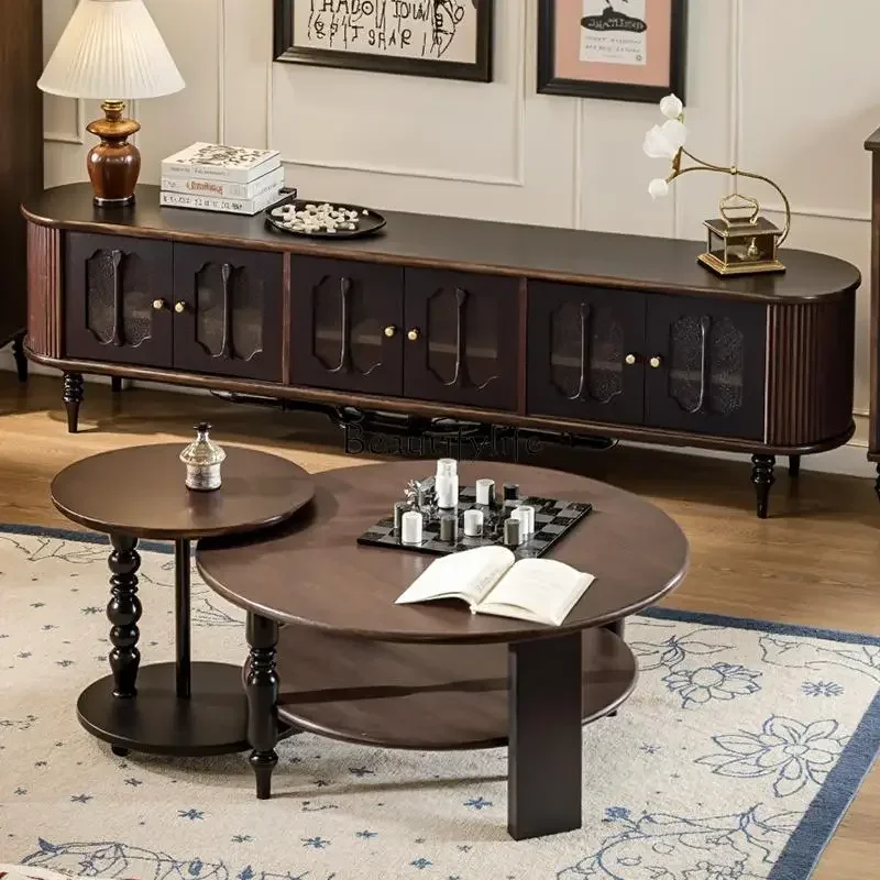 Meja kopi bundar kayu solid gaya abad pertengahan untuk ruang tamu rumah tangga apartemen kecil bergaya retro Prancis