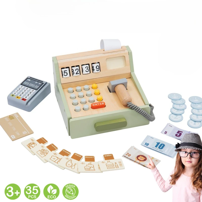 Childrens Simulation Cash Register Pretend Play Wooden Supermarket Toy Shopping Checkout Counter Baby Early Learning Education