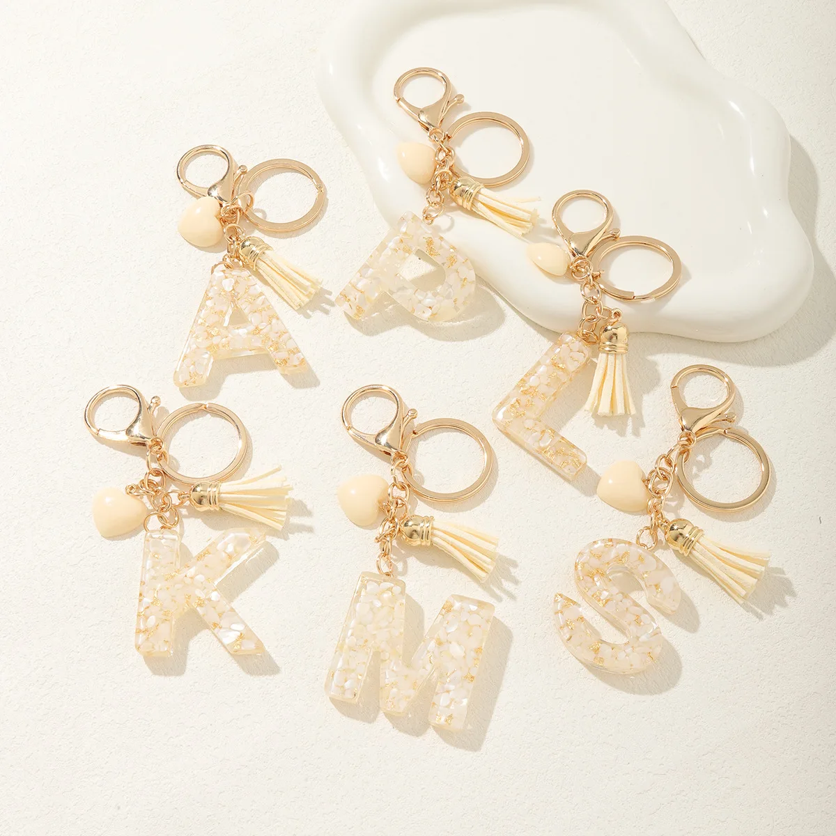 Cream-coloured 26 Initials Keychain Cute Heart Tassel Pendant Letter Key Chains for Women Girls Purse Bag Jewelry Car Trinket view 6