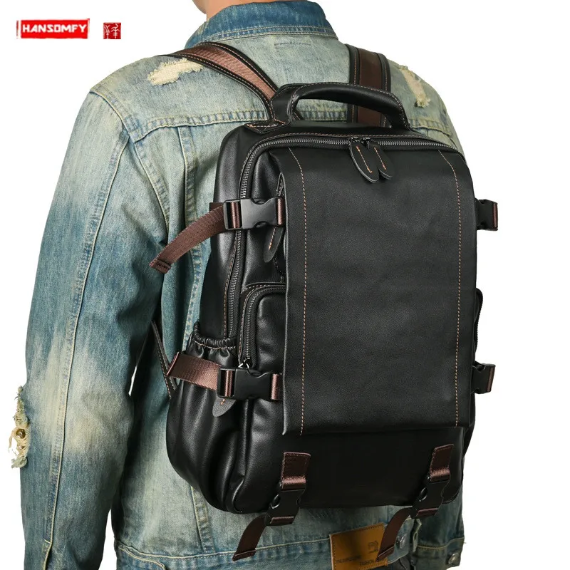 LuxurySoft Genuine Leather Men's Backpack Business 15.6 Computer Bag Fashion Travel Backpacks Large Capacity Student Sch