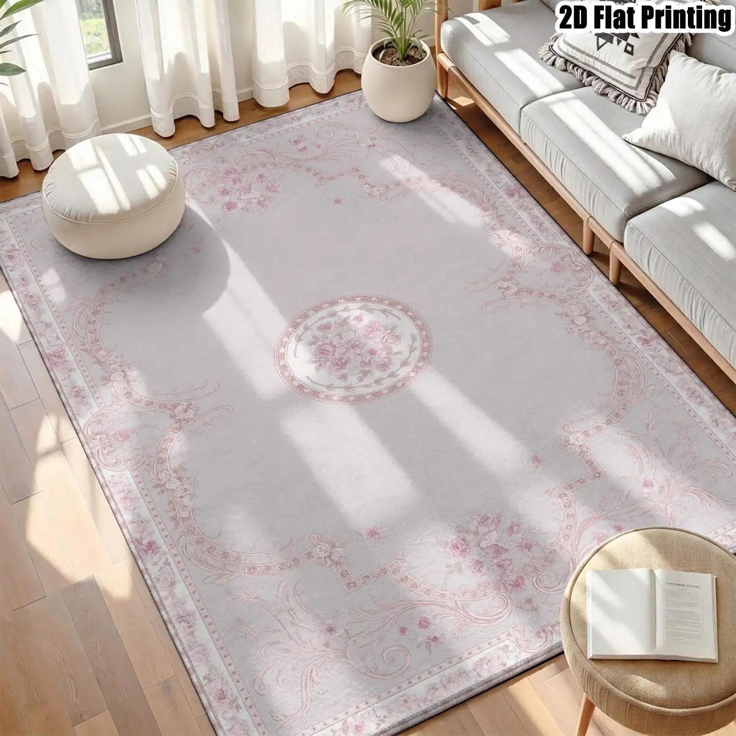 1Pc 2D Printed Pink Floral Vintage Geometric European-Style Carpet, Instagram Floor Mat, Home Decor, Multi-Size, Machine Washable, for Entrance, Dining, Foyer, Bedroom, Living Room