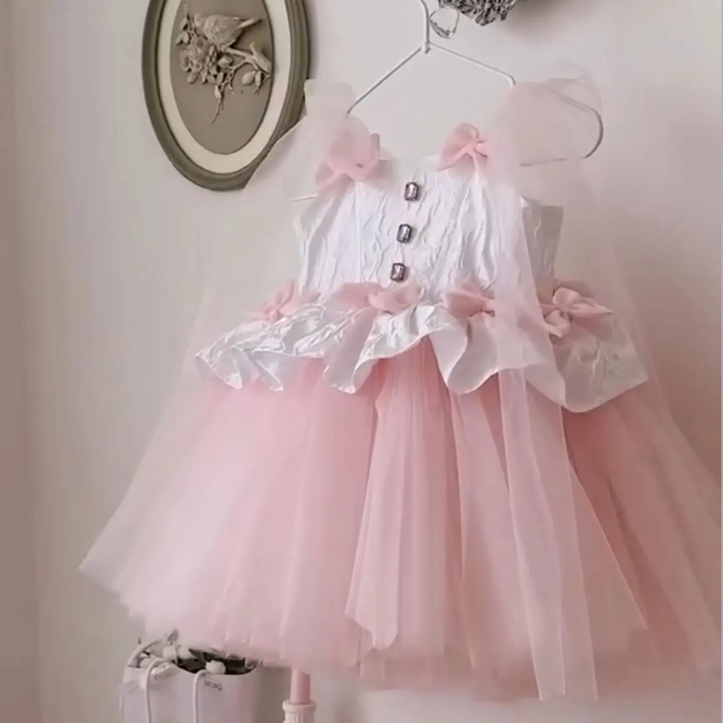

Dreamy Vow Pink Bow Sleeveless Baby Girl Dress Children Knee Length Birthday Ball Dress Wedding Celebration Party Dress D114