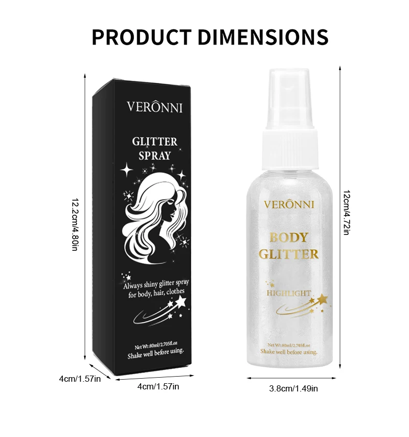 80ml ハイグロスグリッタースプレー、フェアリーシャインボディグリッタースプレーハイライターパウダーダイヤモンドリキッドシャイニーハイライトシマーメイクアップ