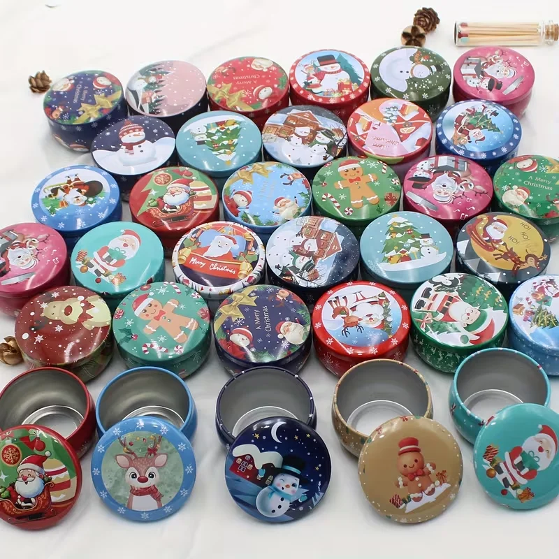 Christmas-themed Tin Boxes, Available in Sets of 12, 24, or 36, Each Holding a 2.5-ounce Candle Jar. These Jars Come with Lid