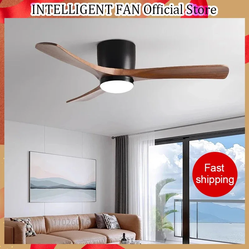 48Inch Low Floor Ceiling Fan Light Modern Black Wood Blade DC Remote Control Led Fan Lights Restaurant The bedroom 110V 220V