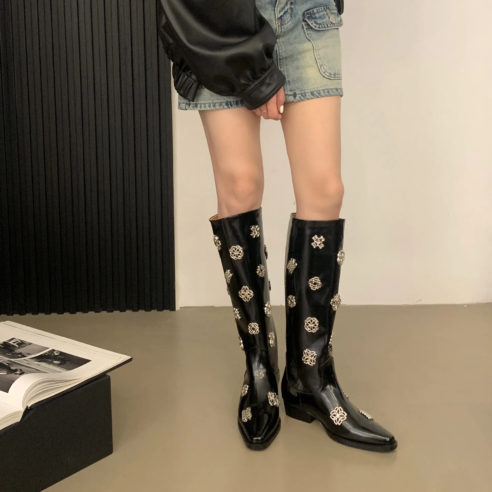 

Black Patent Leather Long Boots for Women with Thick and Thin Heels Metal Buckle. High Top Knight Boots for Spicy Girls