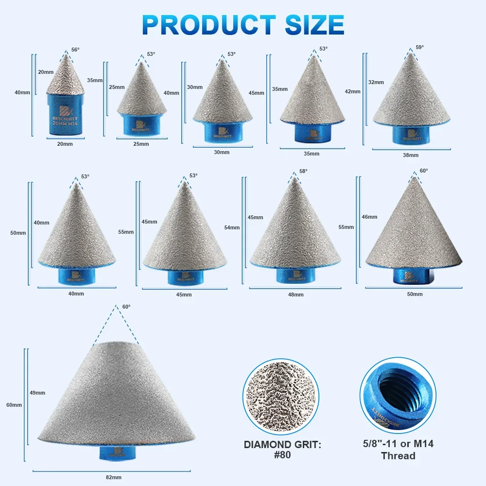 Diamond Beveling Chamfer Bit Set – 35mm & 82mm, 5/8-11 Thread, 60° Bottom Angle – For Granite, Marble, Ceramic, Porcelain – Hole Trimming & Enlarging