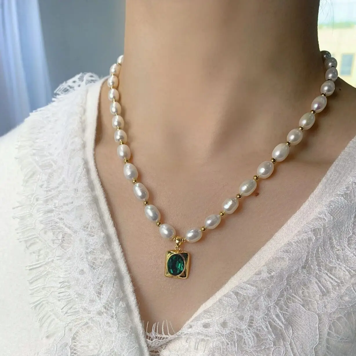 New Arrival Trendy Green Crystal Natural Freshwater Pearl 14K Gold Filled Female Pendant Necklace Promotion Jewelry Gift No Fade