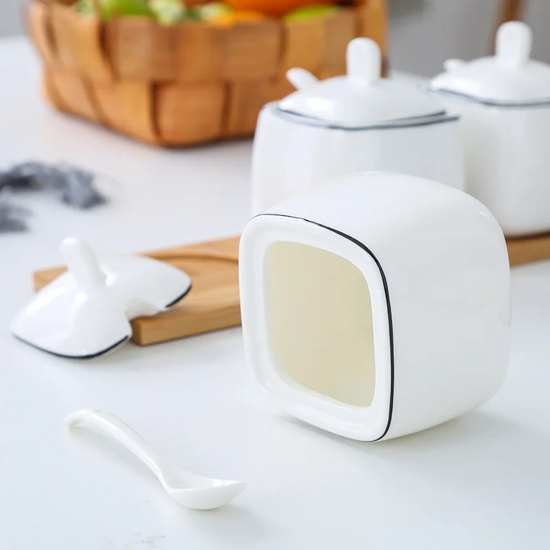 Modern White Porcelain Seasoning Jar with Lid Spice Pepper Jar Sugar Salt Box Seasoning Food Storage Container Kitchen Utensils