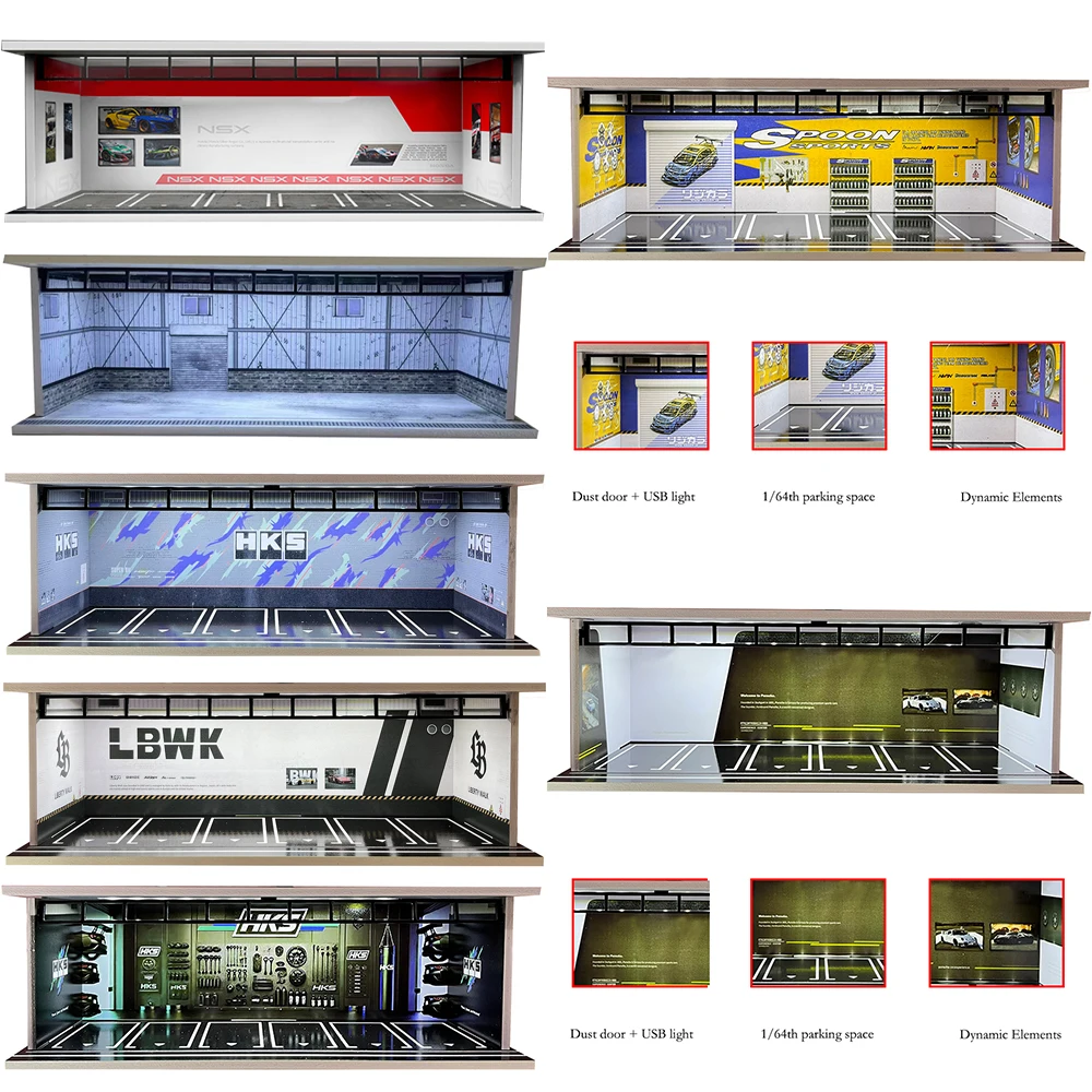 Kit modello di parcheggio Diorama in scala 1/64 con illuminazione a LED Scena di visualizzazione per auto Set di giocattoli per assemblaggio di fondale per garage per collezionisti