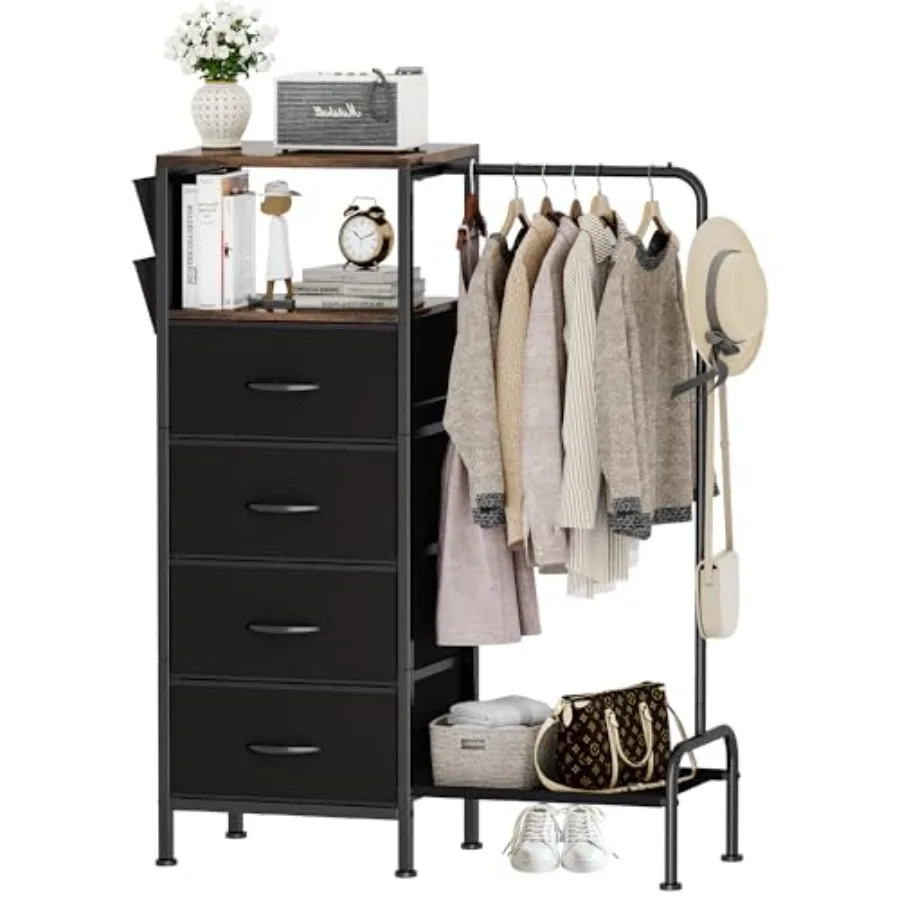 

Dresser with Hanging Rack Reversible Dresser for Bedroom with 4 Drawers and Coat Rack and Side Pockets Chest of Drawers with Cl