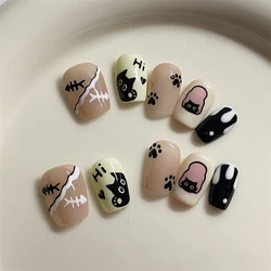 10Pcs Cute Handmade Press On Nails with Charm Square Circle Fake Nails Black Cat Decoration Wearable Nails Full Cover Nail Tips