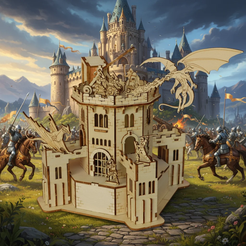 3D-Holzpuzzle Drachenburg, Fantasy-Retro-Simulationsmodell, handgefertigtes DIY-Montagespielzeug, Eltern-Kind-pädagogisch interaktiv