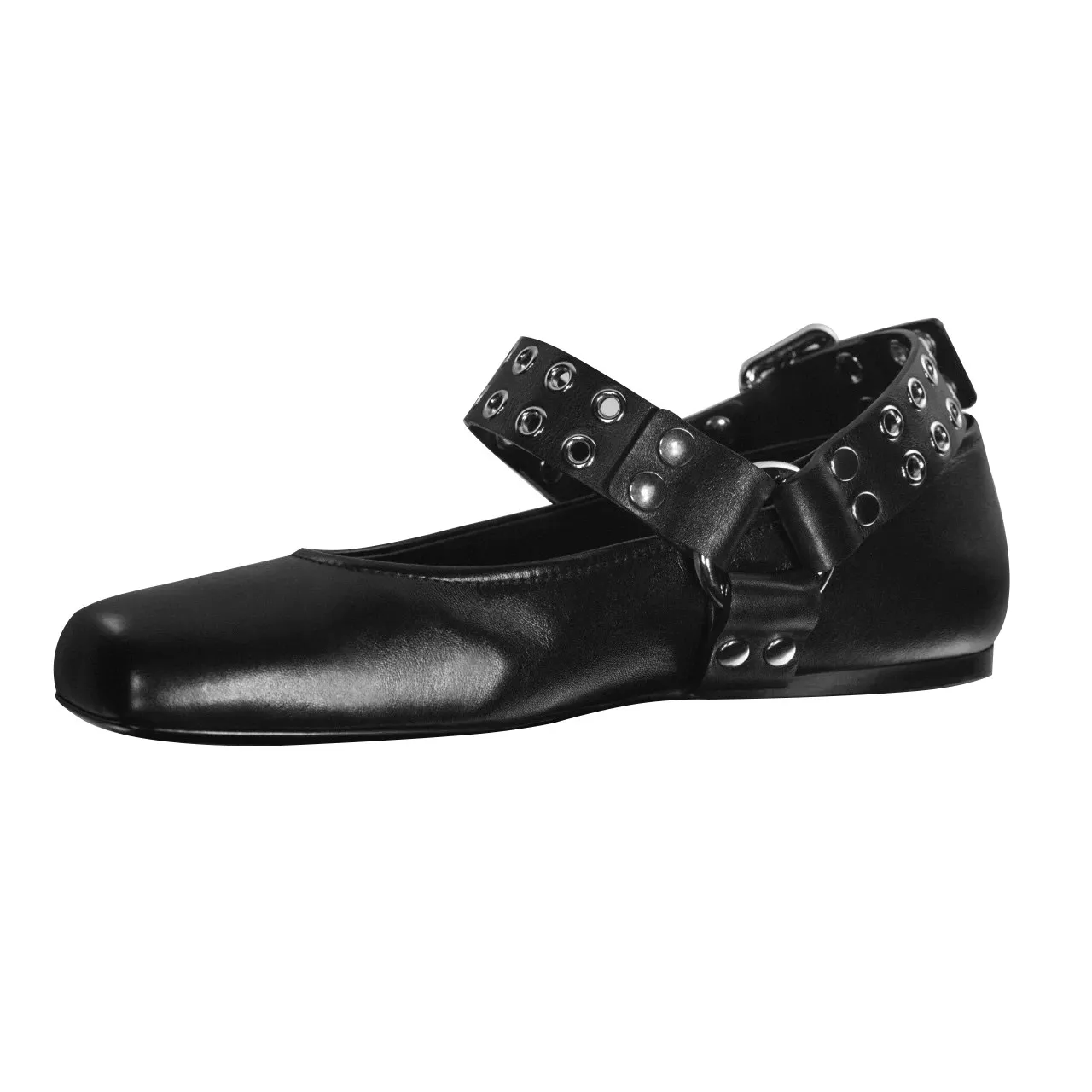 Women's Black Leather Square Toe Mary Jane Flats Studded Eyelet Ankle Strap for Punk Style Casual Outings Night Out Edgy Fashion