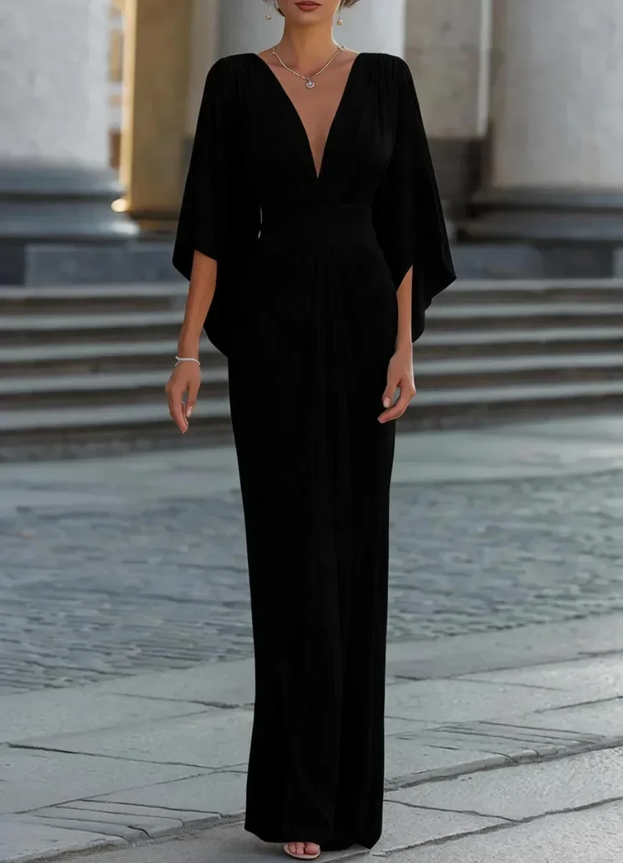 Damen-Maxikleid mit tiefem V-Ausschnitt und Cape-Ärmeln, plissierter Taille, elegantes Abendkleid für formelle Anlässe. – Detail 7