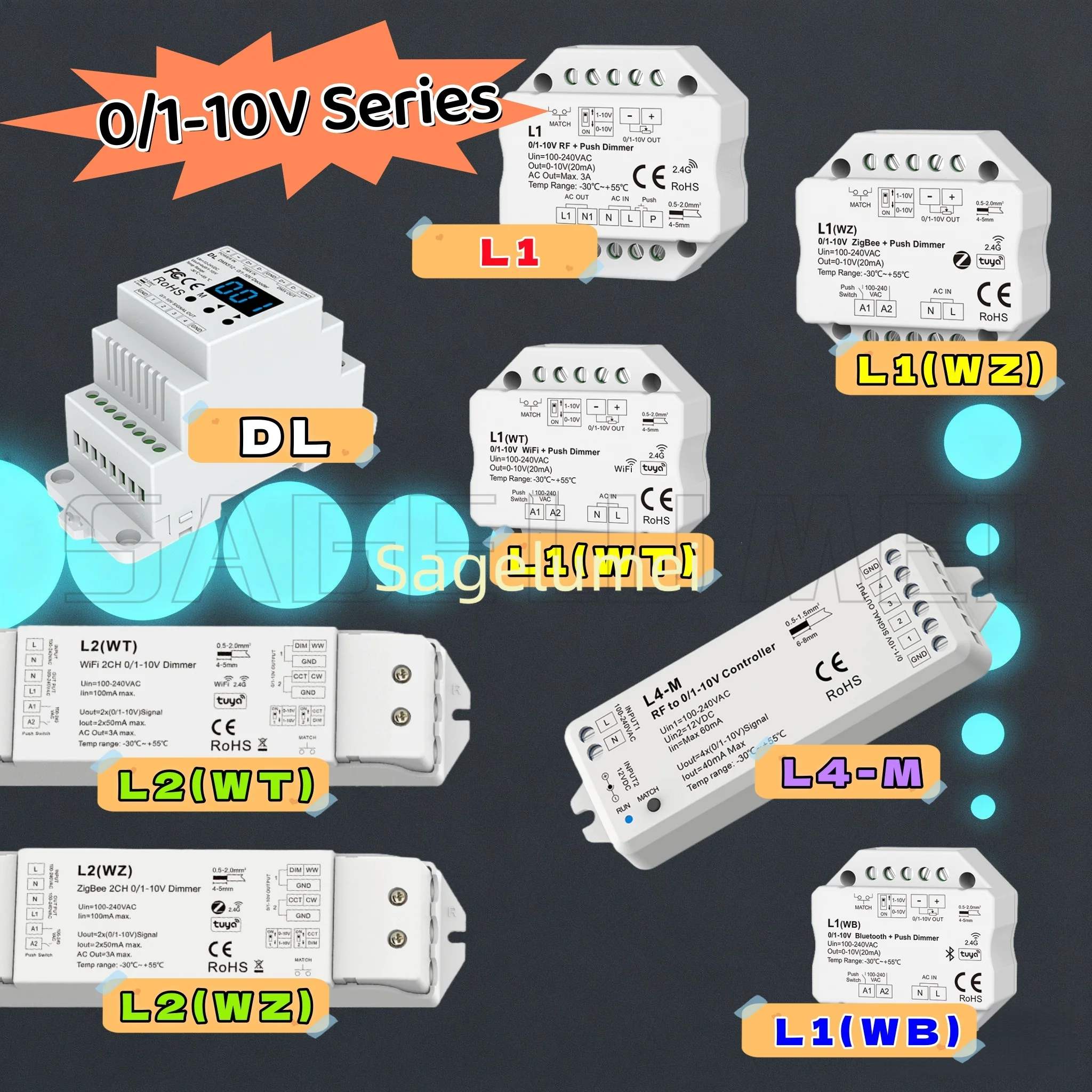 

L1 L4-M L2 DL 0/1-10V RF Tuya Smart WiFi Zigbee LED Dimmer Push Smart Life APP Control RF DMX to Skydance 0-10V Signal Converter