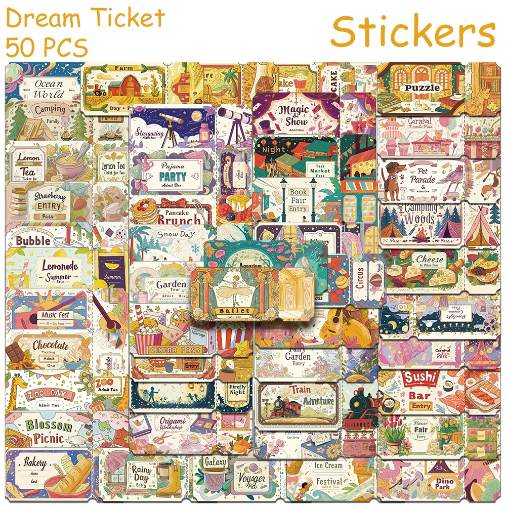 50pcs Fantastic Dream Ticket Stickers Decals For Laptop Scrapbook Suitcase Refrigerator Guitar DIY Cartoon Aesthetic Stickers